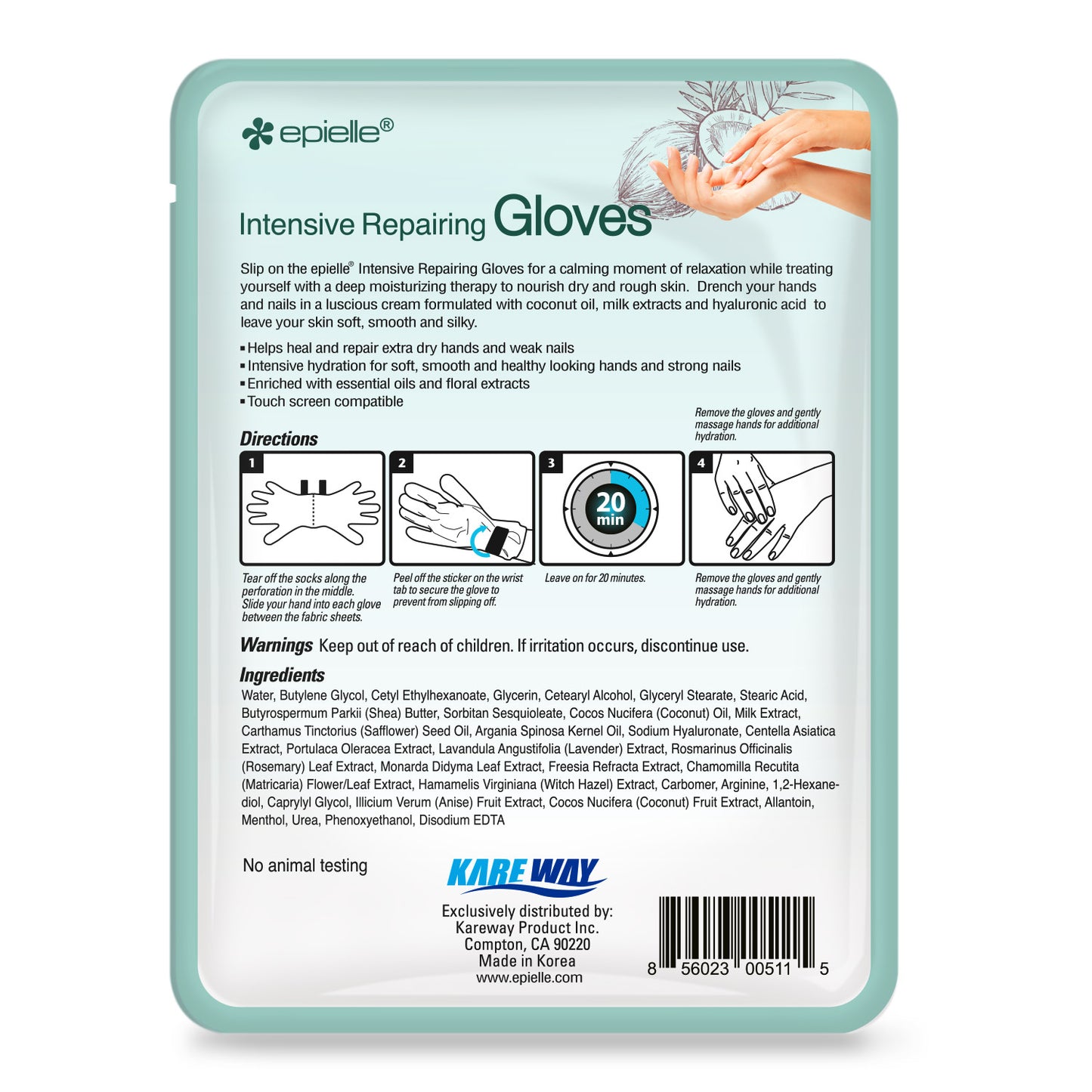 epielle Coconut Oil, Milk Extract, Hyaluronic Acid Gloves Mask