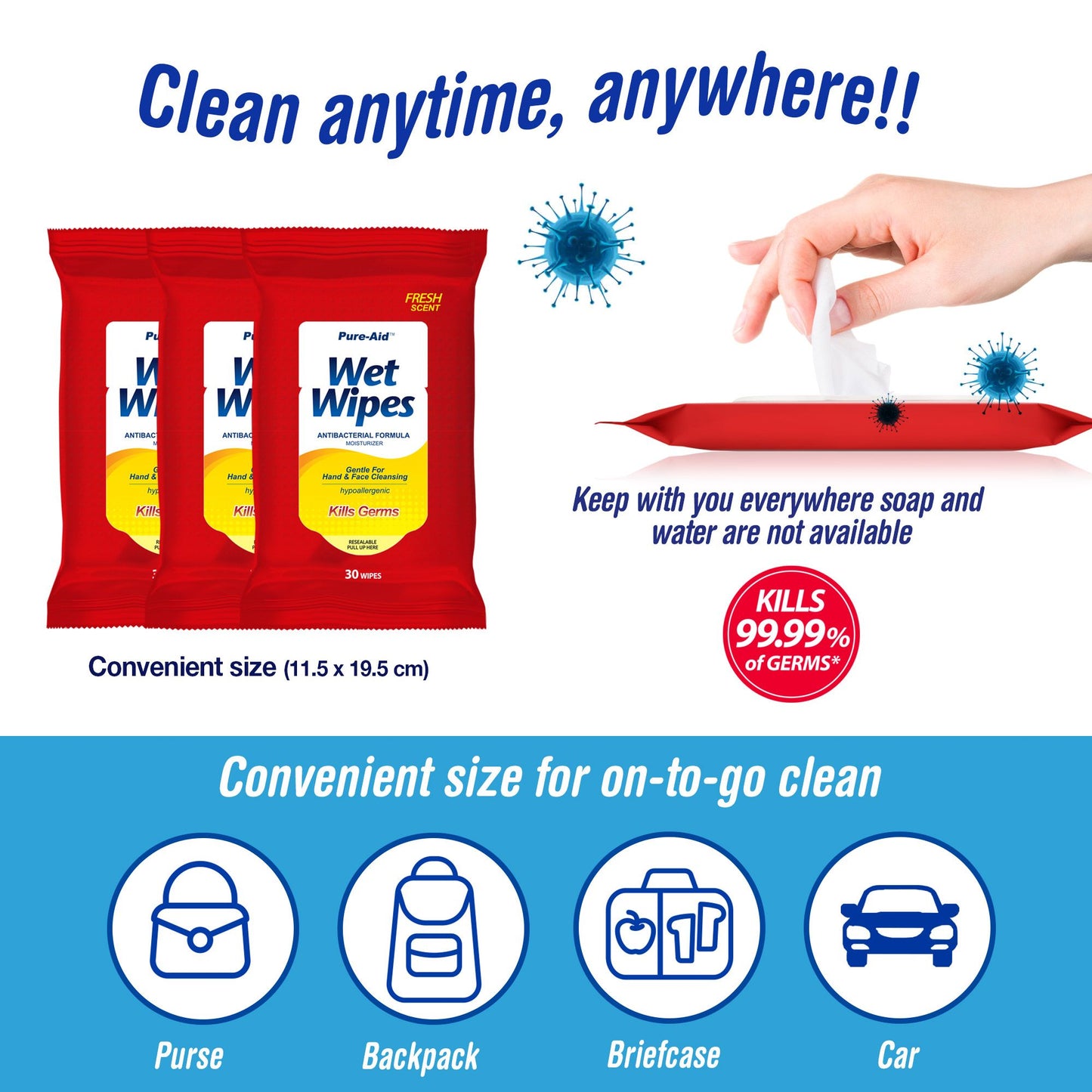 Pure-Aid Wet Wipes Cleansing Tissues | 30ct