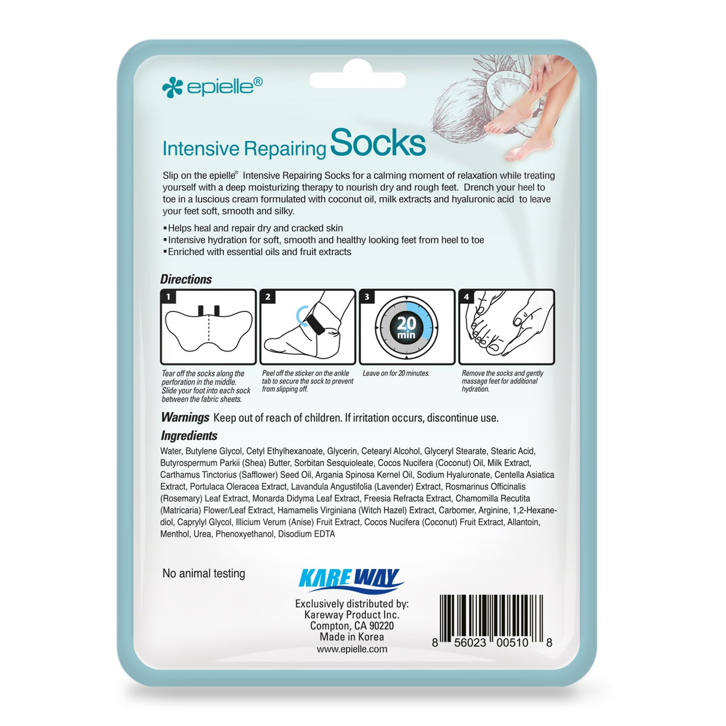 epielle Coconut Oil, Milk Extract, Hyaluronic Acid Socks Mask